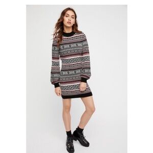 Free People Fair Isle Sweater Dress Small Nordic Knit Black Red Wool Blend